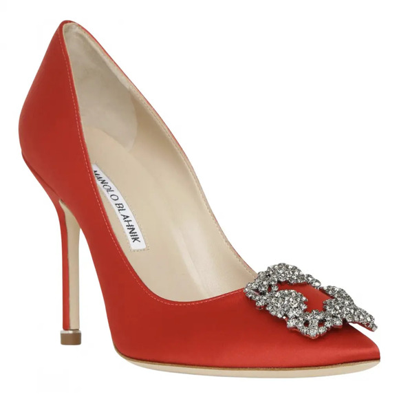 Manolo Blahnik Hangisi 105 Rosso Red Satin Crystal Jewel Buckle Heel Pump 36.5 - Picture 3 of 12